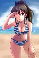 Rule 34 | 10s, 1girl, :q, beach, bikini, black eyes, breasts, brown hair, cleavage, day, front-tie top, gradient background, idolmaster, idolmaster million live!, leaning forward, looking at viewer, medium breasts, minato kazumi, ocean, outdoors, ponytail, salute, satake minako, smile, solo, striped bikini, striped clothes, swimsuit, tongue, tongue out, water