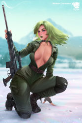 Rule 34 | 1girl, black footwear, black gloves, blue eyes, blurry, blurry background, boots, breasts, breath, collar, collarbone, combat boots, commentary, day, english commentary, fingerless gloves, fingernails, full body, gloves, green hair, green lips, gun, h&amp;k psg1, highres, large breasts, lips, lipstick, logo, long hair, looking away, makeup, medium breasts, metal gear (series), metal gear solid, military, military uniform, navel, no bra, on one knee, open clothes, outdoors, parted lips, prywinko, rifle, shiny skin, signature, sniper rifle, sniper wolf, snow, snowing, solo, stomach, uniform, weapon, zipper, zipper pull tab