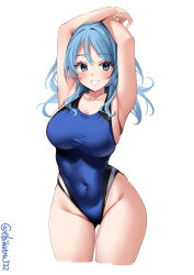 Rule 34 | 1girl, armpits, arms up, blue eyes, blue hair, blue one-piece swimsuit, blush, breasts, collarbone, covered navel, cropped legs, ebifurya, gluteal fold, grin, groin, hair between eyes, highleg, highleg swimsuit, highres, kantai collection, large breasts, long hair, looking at viewer, one-hour drawing challenge, one-piece swimsuit, simple background, skindentation, smile, solo, swimsuit, thighs, twitter username, urakaze (kancolle), white background, wide hips