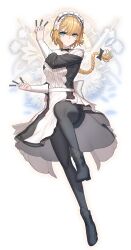Rule 34 | 1girl, absurdres, apron, between fingers, black bow, black dress, black footwear, black pantyhose, blonde hair, blue eyes, boots, bow, braid, breasts, centaureissi (neural cloud), cheogtanbyeong, closed mouth, dress, full body, girls&#039; frontline neural cloud, hair between eyes, hair ornament, high heel boots, high heels, highres, holding, holding knife, knife, long hair, long sleeves, looking at viewer, maid, maid apron, maid headdress, medium breasts, pantyhose, serious, solo, standing, standing on one leg
