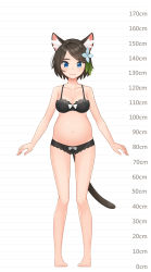 Rule 34 | 1girl, aina (mao lian), animal ear fluff, animal ears, arms at sides, bare arms, bare legs, bare shoulders, barefoot, blue eyes, bow, bow bra, bow panties, bra, breasts, brown bra, brown hair, brown panties, cat ears, cat tail, closed mouth, full body, height chart, highres, looking at viewer, mao lian (nekokao), medium breasts, navel, original, panties, pigeon-toed, pregnant, short hair, smile, solo, standing, tail, underwear, underwear only, white bow