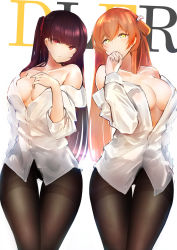 Rule 34 | 2girls, absurdres, black legwear, blush, breasts, brown hair, cleavage, closed mouth, collarbone, girls&#039; frontline, green eyes, hair between eyes, hair ribbon, hair rings, hand up, highres, large breasts, long hair, looking at viewer, multiple girls, off shoulder, one side up, pantyhose, parted lips, pnatsu, purple hair, red eyes, red ribbon, ribbon, shirt, sidelocks, simple background, sleeves rolled up, smile, springfield (girls&#039; frontline), tareme, thighband pantyhose, tsurime, twintails, very long hair, wa2000 (girls&#039; frontline), white background, white shirt