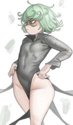 Rule 34 | 1girl, bare legs, black dress, breasts, covered navel, curly hair, curvy, dress, floating rock, green eyes, green hair, highres, kelvin hiu, one-punch man, psychic, shiny skin, side slit, small breasts, solo, tatsumaki, wide hips