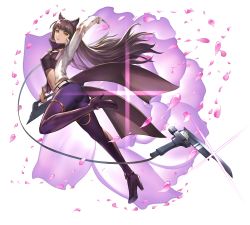 Rule 34 | 1girl, animal ears, arm up, ass, belt, black thighhighs, blake belladonna, boots, brown hair, cat ears, crop top, floating hair, high heel boots, high heels, holding, holding weapon, jacket, kometukimushi, long hair, long sleeves, looking at viewer, midriff, navel, open clothes, open jacket, pants, petals, purple footwear, purple pants, rwby, solo, stomach, thigh boots, thighhighs, very long hair, weapon, white background, white jacket, yellow eyes