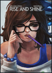 Rule 34 | 1girl, absurdres, alternate costume, black-framed eyewear, bracelet, brown eyes, brown hair, casual, character name, commentary, drone, eyelashes, freckles, highres, jewelry, lips, long hair, mei (overwatch), messy hair, monori rogue, off-shoulder, off-shoulder sweater, off shoulder, one eye closed, overwatch, overwatch 1, robot, snowball (overwatch), solo, sweater, tank top, toothbrush, toothbrush in mouth, upper body, waking up