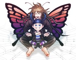 Rule 34 | 10s, 2boys, antennae, bad id, bad pixiv id, barefoot, blazer, blue eyes, boots, brown hair, butterfly wings, closed eyes, crossed arms, danganronpa (series), danganronpa v3: killing harmony, fake horns, glasses, gokuhara gonta, grin, horned headwear, horns, hoshi ryoma, indian style, insect wings, jacket, long hair, male focus, multiple boys, pants, rokuichi (bluelamp61), school uniform, short hair, signature, silk, simple background, sitting, smile, spider web, striped clothes, striped pants, white background, wings