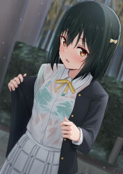 Rule 34 | 1girl, black hair, black jacket, blurry, blurry background, blush, bow, bra, bra visible through clothes, breasts, buttons, collared shirt, commentary request, cowboy shot, dutch angle, green bra, hair between eyes, hair bow, hands up, hedge, highres, jacket, long sleeves, looking at viewer, love live!, love live! nijigasaki high school idol club, mifune shioriko, neck ribbon, nijigasaki academy school uniform, off shoulder, open clothes, open jacket, outdoors, paid reward available, parted lips, plaid, plaid skirt, rain, ribbon, school uniform, shirt, shirt tucked in, short hair, skirt, small breasts, solo, standing, toyasu aina, underwear, undressing, wet, wet clothes, wet hair, wet shirt, white shirt, white skirt, yellow bow, yellow eyes, yellow ribbon