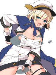 Rule 34 | 1girl, :d, artist name, azur lane, black gloves, blonde hair, blue coat, blue eyes, blue neckwear, grabbing another&#039;s breast, breasts, california (azur lane), cleavage, coat, dress, fingerless gloves, gloves, grabbing, grabbing from behind, grinding, groping, hand under clothes, hat, highres, jacket, jacket on shoulders, medium breasts, necktie, no bra, open clothes, open coat, open mouth, panties, penis, short dress, short necktie, shrug (clothing), signature, simple background, skindentation, sleeves past elbows, smile, solo focus, sweat, thigh sex, thigh strap, underwear, uneven eyes, white background, white dress, white headwear, white panties, youhei 64d