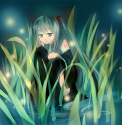 Rule 34 | detached sleeves, grass, hatsune miku, long hair, night, sitting, solo, thighhighs, twintails, very long hair, vocaloid, zeko