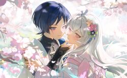 Rule 34 | 1boy, 1girl, antenna hair, artist request, blue eyes, blue hair, blurry, blurry background, cherry blossoms, closed mouth, commission, couple, dappled sunlight, face-to-face, falling petals, flower, genshin impact, hair between eyes, hair flower, hair flowing over, hair ornament, hand on another&#039;s chin, hand on another&#039;s shoulder, hayamimomo, hetero, highres, japanese clothes, light blush, long hair, looking to the side, original, outdoors, parted lips, petals, pink eyes, short hair, standing, sunlight, tree, white hair