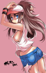 Rule 34 | 10s, 1girl, ass, baseball cap, blue eyes, breasts, brown hair, butt crack, covered erect nipples, creatures (company), denim, denim shorts, female focus, game freak, hand on own head, hat, highres, hilda (pokemon), large breasts, long hair, looking back, messy hair, nintendo, no bra, open mouth, pokemon, pokemon bw, ponytail, short shorts, shorts, sideboob, simple background, solo, tokita monta