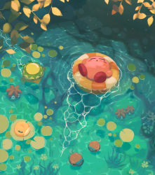 Rule 34 | afloat, blipper, blush stickers, caustics, character request, closed eyes, commentary request, from above, glunk (kirby), highres, innertube, kappa, kirby, kirby (series), leaf, lily pad, nintendo, no humans, outdoors, ripples, suyasuyabi, swim ring, swimming, water