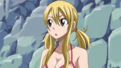 Rule 34 | 2girls, all fours, animated, animated gif, ass, bare shoulders, barefoot, bikini, blonde hair, blush, breast tattoo, breasts, brown eyes, butt crack, cleavage, downpants, third-party edit, fairy tail, female focus, flare corona, heart, large breasts, long hair, lucy heartfilia, multiple girls, naughty face, navel, nude, o o, one-piece swimsuit, pool, red eyes, red hair, screencap, sexually suggestive, sideboob, stitched, swimsuit, talking, tattoo, third-party edit, twintails, underboob, water, yuri