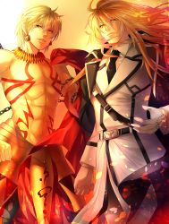 Rule 34 | 2boys, abs, armor, blonde hair, crossover, dies irae, earrings, fate/grand order, fate (series), gilgamesh (fate), gloves, hatori mia, jacket, jacket on shoulders, jewelry, long hair, looking at viewer, male focus, multiple boys, muscular, necklace, necktie, reinhard tristan eugen heydrich, shinza bansho series, tattoo, topless male, uniform