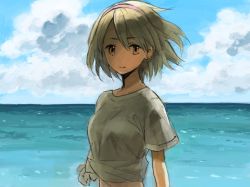 Rule 34 | 10s, 1girl, blonde hair, blue sky, breasts, closed mouth, cloud, cloudy sky, day, djeeta (granblue fantasy), granblue fantasy, hair between eyes, highres, koisuruwakusei, looking at viewer, medium breasts, ocean, orange eyes, outdoors, shirt, short hair, short sleeves, sky, smile, solo, t-shirt, tied shirt, upper body, wakusei (pixiv19709712), water, white shirt