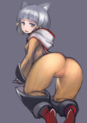 Rule 34 | 1girl, all fours, animal ears, ass, blunt bangs, bodysuit, brown eyes, cat ears, facial mark, fang, from behind, gloves, grey background, grey hair, hair ribbon, highres, hood, hood down, johan (johan13), long sleeves, looking at viewer, looking back, nia (xenoblade), open mouth, orange bodysuit, orange ribbon, ribbed bodysuit, ribbon, short hair, simple background, solo, teeth, white gloves, xenoblade chronicles (series), xenoblade chronicles 2