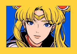 Rule 34 | 1girl, bishoujo senshi sailor moon, blonde hair, blue eyes, blue sailor collar, bright pupils, choker, crescent, crescent earrings, derivative work, diadem, earrings, heart, heart choker, jewelry, long hair, looking at viewer, meme, minillustration, parted bangs, parted lips, portrait, red choker, sailor collar, sailor moon, sailor moon redraw challenge (meme), screenshot redraw, smile, solo, tsukino usagi, twintails, white pupils