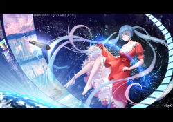 Rule 34 | 1girl, absurdres, aqie, artist name, blue eyes, blue hair, border, bow, building, choker, dress, glowing, gradient background, highres, letterboxed, light particles, long hair, matching hair/eyes, no shoes, original, painttool sai, pen, planet, red dress, solo, space, twintails, very long hair