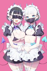 Rule 34 | 2girls, apron, arm around waist, bikini, bikini under clothes, black bikini, black hair, black skirt, blindfold, blue eyes, blue nails, breasts, covered eyes, cowboy shot, demon girl, demon tail, ear piercing, earrings, frilled apron, frills, garter straps, heart, heart earrings, highres, holding another&#039;s wrist, horns, jewelry, kunikune, large breasts, looking at viewer, maid headdress, mask, mole, mole under eye, mole under mouth, mouth mask, multicolored hair, multiple girls, open mouth, original, piercing, pink background, purple nails, short hair, short sleeves, shrug (clothing), simple background, skirt, small breasts, smile, swimsuit, tail, thighhighs, two-tone hair, white apron, white hair, white thighhighs, wrist cuffs