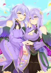 Rule 34 | 2girls, bare shoulders, blue sky, breasts, cleavage, covered navel, dated, deirdre (fire emblem), detached sleeves, dress, falling petals, fire emblem, fire emblem: genealogy of the holy war, fire emblem heroes, flower, hand on another&#039;s hand, hand on own cheek, hand on own face, highres, holding hands, julia (fire emblem), light purple hair, long hair, medium breasts, mother and daughter, multiple girls, nintendo, official alternate costume, petals, purple dress, purple eyes, sidelocks, sky, smile, yukia (firstaid0)