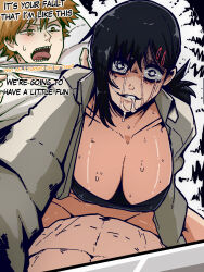 Rule 34 | 1boy, 1girl, alternate breast size, black hair, blade to throat, blonde hair, breasts, chainsaw man, collared shirt, crazy eyes, crying, crying with eyes open, denji (chainsaw man), drooling, femdom, hair ornament, hairclip, half-closed eye, higashiyama kobeni, highres, holding, holding knife, imminent rape, knife, large breasts, looking at another, looking at viewer, mark gavatino, medium hair, multiple views, open clothes, open mouth, open shirt, pov, shaded face, sharp teeth, shirt, short hair, short ponytail, single sidelock, smile, sweat, swept bangs, tears, teeth, tongue, tongue out, topless male, uneven eyes, white shirt, yandere