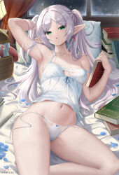 Rule 34 | 1girl, alternate costume, arm behind head, arm up, armpits, bare shoulders, book, breasts, camisole, collarbone, cyicheng, earrings, elf, frieren, green eyes, grey hair, jewelry, long hair, looking at viewer, mimic, mimic chest, navel, open mouth, panties, parted bangs, pillow, pointy ears, presenting armpit, small breasts, solo, sousou no frieren, stomach, thighs, twintails, underwear, variant set, white camisole, white panties