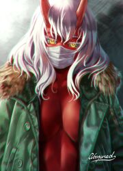 Rule 34 | 1girl, abazu-red, artist name, black sclera, breasts, chromatic aberration, colored eyelashes, colored sclera, colored skin, commentary request, covered mouth, demon girl, fur-trimmed jacket, fur trim, green jacket, horns, jacket, large breasts, long hair, looking at viewer, mask, mouth mask, naked jacket, oni, open clothes, open jacket, original, red skin, solo, unzipped, upper body, white hair, yellow eyes