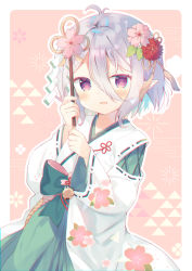 Rule 34 | 1girl, antenna hair, blush, bow, cherry blossom print, cherry blossoms, commentary request, floral print, flower, green bow, hair between eyes, hair flower, hair ornament, holding, japanese clothes, kokkoro (new year) (princess connect!), kokkoro (princess connect!), looking at viewer, miko, outline, parted lips, pink flower, pointy ears, princess connect!, purple eyes, red flower, silver hair, smile, solo, white outline, yuizaki kazuya