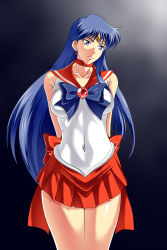 Rule 34 | 1girl, arms behind back, bishoujo senshi sailor moon, blue background, blue bow, blue eyes, blue hair, bow, breasts, choker, collarbone, covered navel, earrings, gloves, gradient background, highres, hino rei, jewelry, kamo (nobuhide19790717), leotard, long hair, looking away, looking to the side, matching hair/eyes, medium breasts, navel, pleated skirt, red bow, red neckwear, red sailor collar, red skirt, sailor collar, sailor mars, shiny skin, simple background, skirt, solo, standing, tiara, white gloves, white leotard