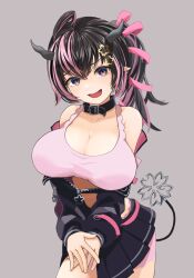 Rule 34 | 1girl, 5 (y5), ahoge, alternate breast size, alternate eye color, belt, belt collar, black belt, black hair, black jacket, black skirt, bloomers, blush, bra, breasts, brown eyes, cleavage, collar, commentary request, contrapposto, cowboy shot, demon girl, demon horns, demon tail, earrings, fang, flower, grey background, grey horns, hair between eyes, hair flower, hair ornament, hair ribbon, hands on own thighs, highres, horns, jacket, jewelry, large breasts, long hair, long sleeves, looking at viewer, medium bangs, multicolored hair, nanashi inc., off shoulder, oinomori may, oinomori may (1st costume), one side up, open mouth, pink bloomers, pink bra, pink hair, pink ribbon, pleated skirt, pointy ears, ribbon, simple background, single earring, skirt, smile, solo, tail, two-tone hair, underwear, virtual youtuber