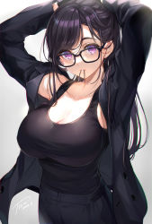Rule 34 | 1girl, absurdres, arms up, black gloves, black hair, black jacket, black pants, black shirt, breasts, cleavage, coat, collarbone, commentary request, glasses, gloves, grey background, hair tie, hair tie in mouth, highres, jacket, large breasts, long hair, long sleeves, looking at viewer, mole, mole under mouth, mouth hold, original, pants, purple eyes, shirt, shirt tucked in, signature, simple background, skirt, solo, swept bangs, tank top, tel-o, tying hair