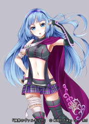 Rule 34 | 1girl, armpits, asymmetrical gloves, bad id, bad pixiv id, black gloves, black panties, blue eyes, blue hair, blue hairband, blunt bangs, boots, breasts, cape, crop top, detached sleeves, elbow gloves, fingerless gloves, gloves, grey background, haguda tofu (hakudatofu), hairband, hand in own hair, hand on own hip, highres, long hair, matching hair/eyes, medium breasts, microskirt, midriff, navel, panties, shinkai no valkyrie, simple background, skirt, solo, thigh boots, thighhighs, underwear, uneven gloves