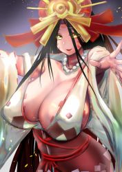 Rule 34 | 1girl, absurdres, bare shoulders, bead necklace, beads, body markings, breasts, brown hair, cleavage, cmaoyan, collarbone, facial mark, fate/grand order, fate (series), forehead, forehead mark, headpiece, highres, himiko (fate), japanese clothes, jewelry, kimono, large breasts, long hair, looking at viewer, necklace, off shoulder, open mouth, outstretched arms, sash, smile, solo, white kimono, yellow eyes