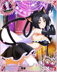 Rule 34 | 1girl, animal ears, bishop (chess), black hair, black skirt, blush, breasts, cape, card (medium), cat ears, cat tail, character name, chess piece, crop top, gloves, hair rings, hairband, high school dxd, high school dxd infinity, kuroka (high school dxd), large breasts, lipstick, long hair, looking at viewer, magic circle, makeup, midriff, miniskirt, multiple tails, official art, parted lips, purple lips, skirt, slit pupils, smile, solo, staff, tail, thighhighs, trading card, white thighhighs, yellow eyes, zettai ryouiki