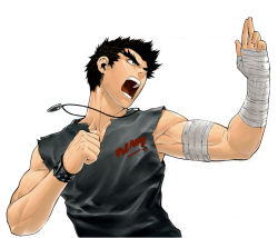 Rule 34 | 1boy, angry, bandages, black hair, bracelet, brown hair, clenched hand, fighting stance, gangryong ma, jewelry, kim dong-hoon, male focus, necklace, open mouth, simple background, sleeveless, solo, torn clothes, veritas