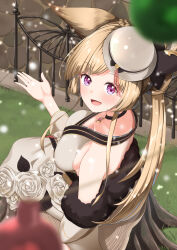 Rule 34 | 1girl, animal ears, black bow, blonde hair, bow, detached sleeves, erune, from above, granblue fantasy, highres, hisei, japanese clothes, kimono, long hair, purple eyes, sleeveless, sleeveless kimono, white headwear, white kimono, yuisis (granblue fantasy)