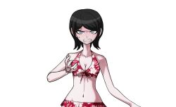 1girl anger_vein angry bikini black_hair blue_eyes breasts cleavage clenched_teeth collarbone danganronpa:_trigger_happy_havoc danganronpa_(series) danganronpa_s:_ultimate_summer_camp drakidor eyebrows eyelashes female_focus fingernails floral_print floral_print_bikini freckles hand_tattoo hand_up hip_tattoo looking_at_viewer medium_breasts navel open_mouth red_faced solo sweat sweatdrop swimsuit tattoo teeth third-party_edit transparent_background upper_body