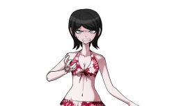 1girl absurdres anger_vein angry bikini black_hair blue_eyes breasts cleavage clenched_teeth collarbone danganronpa:_trigger_happy_havoc danganronpa_(series) danganronpa_s:_ultimate_summer_camp drakidor eyebrows eyelashes female_focus fingernails floral_print floral_print_bikini freckles hand_tattoo hand_up highres hip_tattoo ikusaba_mukuro looking_at_viewer medium_breasts navel official_style open_mouth red_faced solo sweat sweatdrop swimsuit tattoo teeth third-party_edit transparent_background upper_body