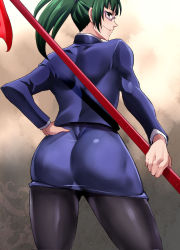 Rule 34 | 1girl, ass, blue eyes, blue skirt, closed mouth, cowboy shot, female focus, from behind, glasses, green hair, haikawa hemlen, hand on own hip, high ponytail, holding, holding pole, jujutsu kaisen, legs, legs apart, long hair, looking at viewer, looking back, pantyhose, pole, ponytail, shiny clothes, simple background, skirt, smile, solo, standing, thighs, zenin maki