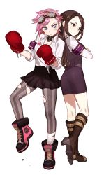 Rule 34 | 2girls, black skirt, blue eyes, blue hair, blush, boots, boxing gloves, breasts, brown eyes, brown hair, caitlyn (league of legends), cleavage, clenched hands, collar, crossed arms, facial mark, goggles, goggles on head, gwayo, highres, league of legends, leg up, long hair, long sleeves, looking at viewer, looking away, looking back, multiple girls, pantyhose, pink hair, shirt, shoes, short hair, simple background, skirt, striped clothes, striped legwear, striped pantyhose, torn clothes, torn legwear, vertical-striped clothes, vertical-striped legwear, vertical-striped pantyhose, vi (league of legends), white background, white shirt