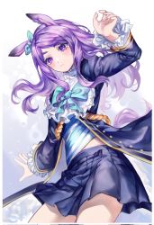Rule 34 | 1girl, animal ears, black jacket, black skirt, blush, bow, closed mouth, commentary request, ear ribbon, frilled sleeves, frills, green ribbon, hand up, highres, horse ears, horse girl, horse tail, jacket, long hair, long sleeves, looking at viewer, mejiro mcqueen (umamusume), pleated skirt, purple eyes, purple hair, ribbon, saibeo tomato, skirt, solo, swept bangs, tail, thick eyebrows, umamusume