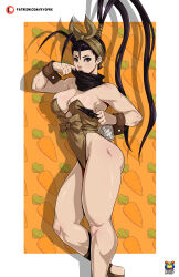 Rule 34 | 1girl, absurdres, adapted costume, antenna hair, bandana, bare shoulders, between fingers, black hair, black scarf, breasts, brown eyes, brown leotard, cleavage, high ponytail, highleg, highleg leotard, highres, holding, holding knife, ibuki (street fighter), knife, kunai, kyoffie, large breasts, leotard, long hair, nontraditional playboy bunny, playboy bunny, scarf, solo, split ponytail, strapless, strapless leotard, street fighter, street fighter iii (series), thick thighs, thighs, toned, very long hair, weapon, wrist cuffs