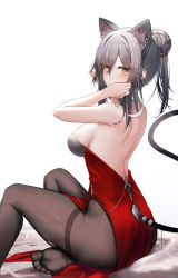 Rule 34 | 1girl, animal ears, arknights, backless dress, backless outfit, bare arms, bare shoulders, black nails, black pantyhose, blush, breasts, closed mouth, dress, from behind, grey hair, hair bun, highres, large breasts, looking at viewer, looking back, nail polish, pantyhose, red dress, ru zhai, schwarz (arknights), single hair bun, soles, solo, tail, white background, yellow eyes