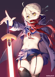 Rule 34 | 1girl, ahoge, artoria pendragon (all), artoria pendragon (fate), black panties, black thighhighs, blonde hair, blue skirt, braid, covered mouth, cowboy shot, crop top, fate/grand order, fate (series), garter straps, glasses, gradient background, groin, highres, index finger raised, looking at viewer, midriff, miniskirt, mysterious heroine x alter (fate), mysterious heroine x alter (first ascension) (fate), navel, obiwan, panties, red scarf, saber (fate), scarf, school uniform, serafuku, skirt, solo, sword, thighhighs, thighs, underwear, weapon, yellow eyes