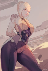 Rule 34 | 1girl, absurdres, arms behind back, belt, blue eyes, breasts, closed mouth, from below, hair bun, high-waist pants, highres, large breasts, looking at viewer, military, military uniform, necktie, pants, rwby, sidelocks, signature, single hair bun, solo, tight clothes, tight pants, uniform, v-shaped eyebrows, wangxiii, white hair, wide hips, winter schnee