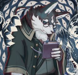 Rule 34 | 1boy, animal ears, black fur, black sclera, blue eyes, book, cat, chest tuft, collared coat, colored sclera, commentary request, dog boy, dog ears, eyewear strap, furry, furry male, glasses, grey background, highres, holding, holding book, itohiro, low ponytail, male focus, masanori (housamo), round eyewear, snout, solo, tokyo houkago summoners, two-tone fur, upper body, white fur