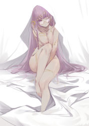 Rule 34 | 1girl, absurdres, airrabbityan, barefoot, bespectacled, breasts, collarbone, convenient censoring, crescent, glasses, highres, large breasts, long hair, looking at viewer, nude, on bed, one eye closed, patchouli knowledge, purple eyes, purple hair, solo, touhou