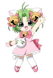Rule 34 | 1girl, absurdres, animal ears, animal hat, back bow, bell, bow, bracelet, cat ears, cat hat, cat tail, dejiko, di gi charat, dress, fake animal ears, fujiwara tatsuroo, full body, green eyes, green hair, hair bell, hair bow, hair ornament, hat, highres, jewelry, looking at viewer, neck bell, no nose, open mouth, panyo panyo di gi charat, pink bow, pink dress, shoes, short hair, simple background, solo, tail, white background