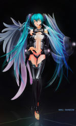 Rule 34 | 1girl, alternate costume, aqua hair, aqua nails, barefoot, belt, breasts, bridal gauntlets, closed eyes, hatsune miku, hatsune miku (append), highres, long hair, long toes, nail polish, navel, open mouth, solo, toeless legwear, twintails, ushas, very long hair, vocaloid, vocaloid append