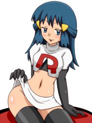 Rule 34 | 1girl, :p, bad id, bad pixiv id, black eyes, black thighhighs, blue eyes, blue hair, blush, clothes lift, cosplay, creatures (company), crop top, dawn (pokemon), game freak, kuro hopper, long hair, looking at viewer, matching hair/eyes, midriff, miniskirt, navel, nintendo, no panties, pokemon, pokemon (anime), pokemon dppt (anime), sitting, skirt, skirt lift, solo, team rocket, team rocket (cosplay), thighhighs, tongue, tongue out, zettai ryouiki